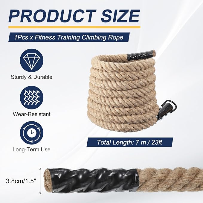 MECCANIXITY Climbing Rope 23ft x 1.5", Gym Climbing Rope Thick Twine Ropes Jute Natural Brown Burlap Cord String Heavy Twisted for Workout Rock Exercise Indoor Outdoor Fitness Training