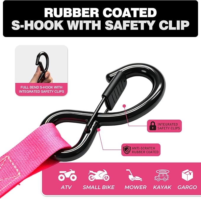Retractable Ratchet Straps1In x 13Ft - Heavy Duty Auto Slow Retraction Tie Down Straps - 1,800lb Break Strength Self Retracting for Truck, Cargo Trailer, Motorcycle, ATV, UTV - Pink, 4Pack