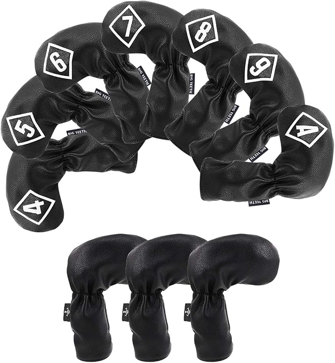 BIG TEETH Golf Iron Head Covers 10Pcs Set Long Neck Golf Club Protector Leather with Number Tag fit for Taylormade All Brands