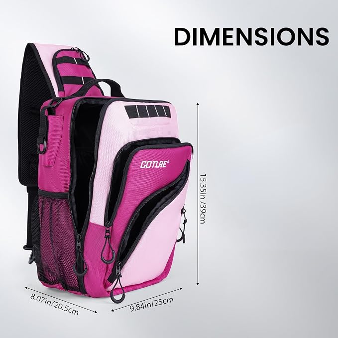 Goture Pink Fishing Tackle Bag, 1680D Water-Resistant Sling Fishing Backpack with Rod Holder, Anti-Slip Waist Strap, Trays not included, Fishing Gifts for Women Girls