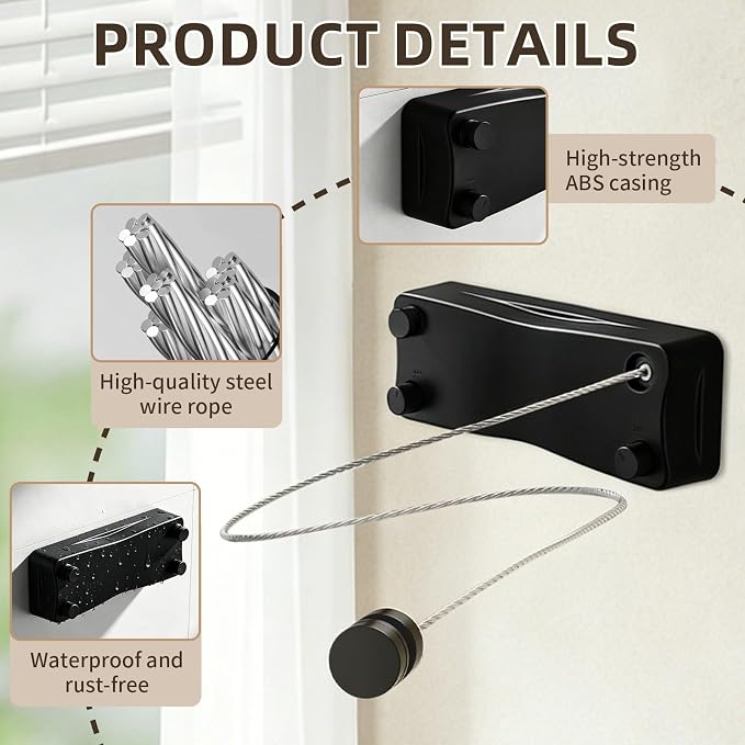 Anti-Sag Retractable Clothesline 40LB Capacity - 201in Stainless Steel Laundry Line for Indoor Outdoor, Wall Mounted Space Saving Easy Install (Black, Double Lines)