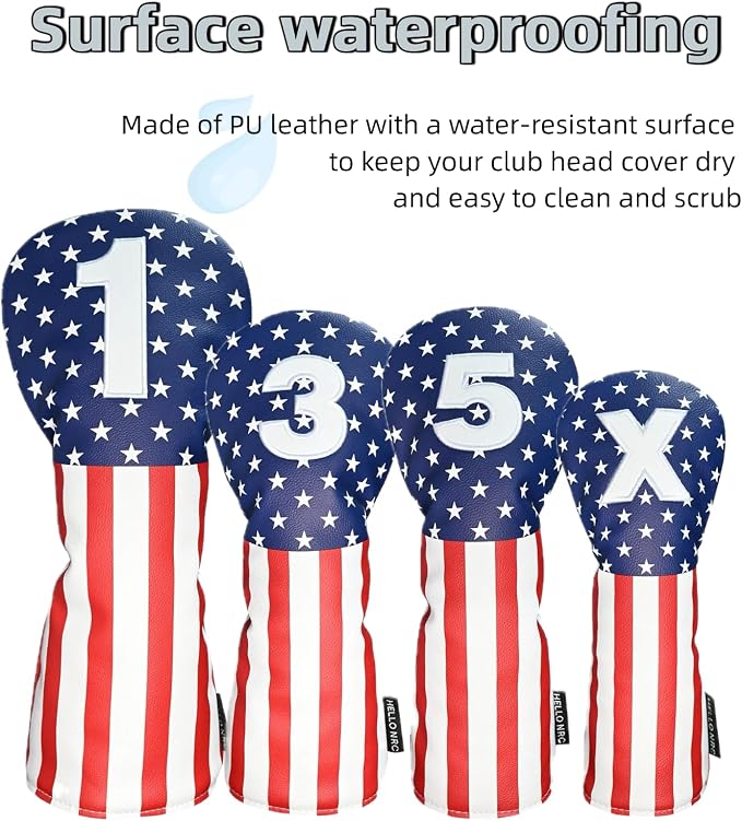 Golf Head Covers, Headcover for Woods and Driver Hybrid Set, Waterproof Club Head Covers, 4pcs or 1pc PU Leather USA Stars and Stripes 1 3 5 X for Most Golf Clubs