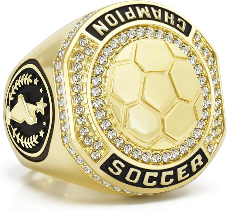 1-12 Pack MVP Football Baseball Basketball Soccer Champion Ring Championship Rings Most Valuable Player Football Baseball Basketball Soccer Gold Award Trophy Medals Ring with Display Case and Holder
