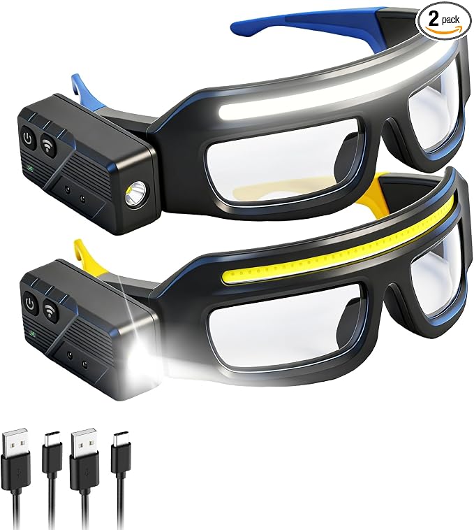 2Pack Rechargeable Headlight Glasses,Rechargeable Headlamp, 5 Modes Safety Glasses with Light,Waterproof Head Light for Running, Cycling, Camping,Night Work