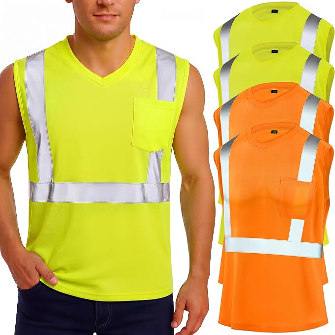 Amylove 4 Pcs Hi Vis Sleeveless Reflective Shirt for Men Class 2 Construction Work Shirts with Pockets for Men Women