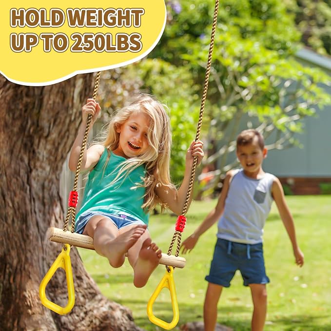 LadyRosian Wooden Trapeze Swing Bar, Adjustable Height Swing Set, Gym Rings, Playground Attachments, 16.5" Monkey Bar for Backyard, Playground, Playroom