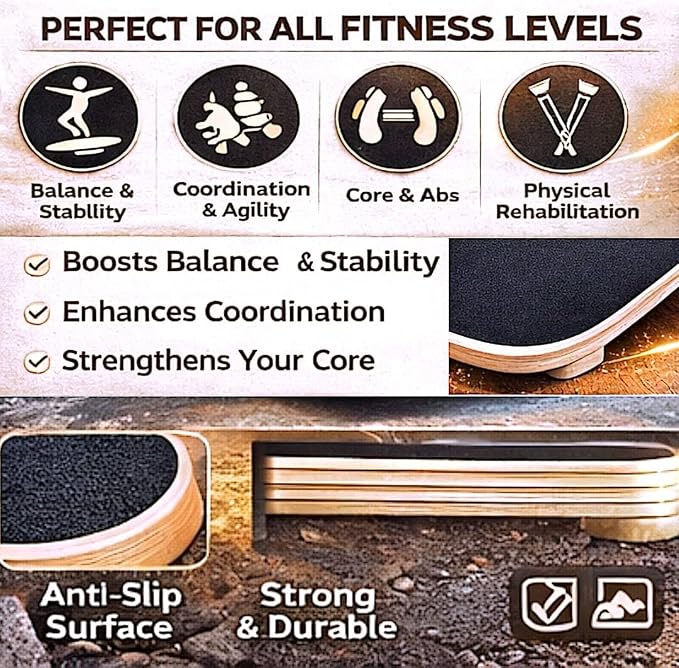 Wooden Balance Board Trainer for Adults – Core Strength & Stability Trainer for Surf, Skateboard & Snowboard Training – Non-Slip Balance Board for Home Gym Fitness