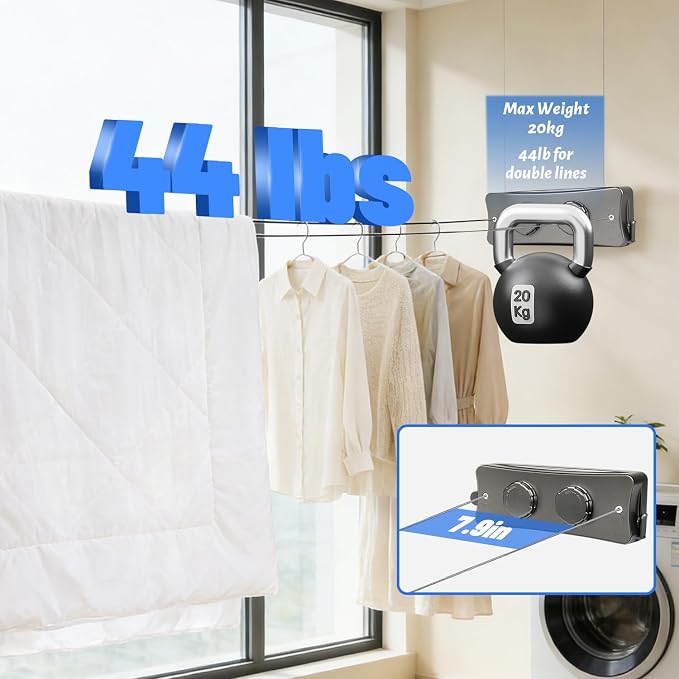Premium Upgraded Heavy Duty Retractable Clothesline Indoor 16.7Ft Wall Mounted Invisible Clothes Line for Laundry Room & Bathroom | Space Saving Compact Travel Drying Rack for Balcony, Apartment & RV
