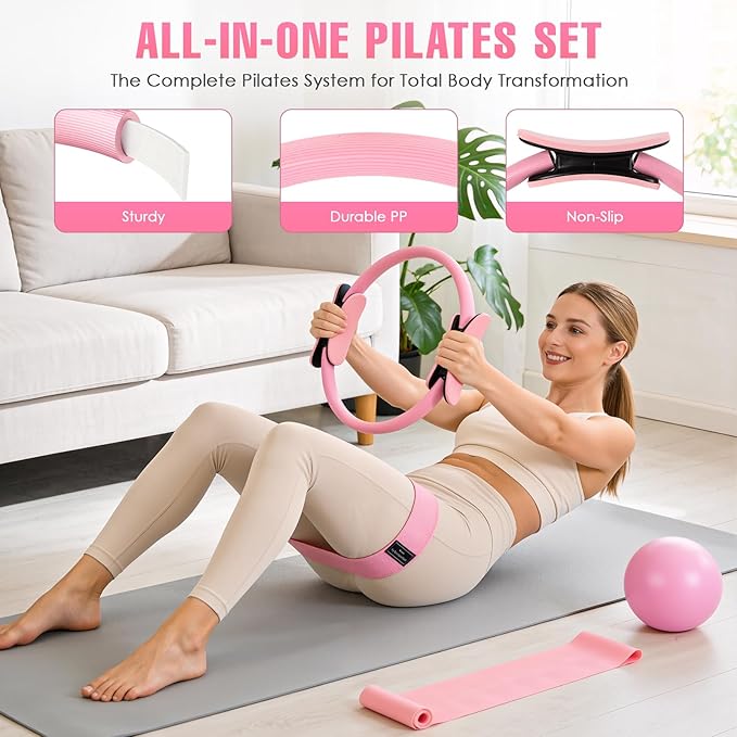 Pilates Kit, Pilates Equipment for Home Workouts, Home Pilates Essentials Kit for Women with Pilates Ring and Ball Set, Socks, Ankle Resistance Bands with Cuffs, Resistance Band and Massage Ball