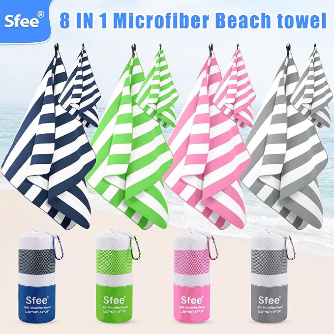 Sfee 4 Pack(8Pcs) Microfiber Travel Towel, Beach Towel Quick Dry Towel Camping Towel Super Absorbent Compact Lightweight Sports Gym Towels for Beach, Gym, Hiking, Pool, Backpacking, Bath, Yoga