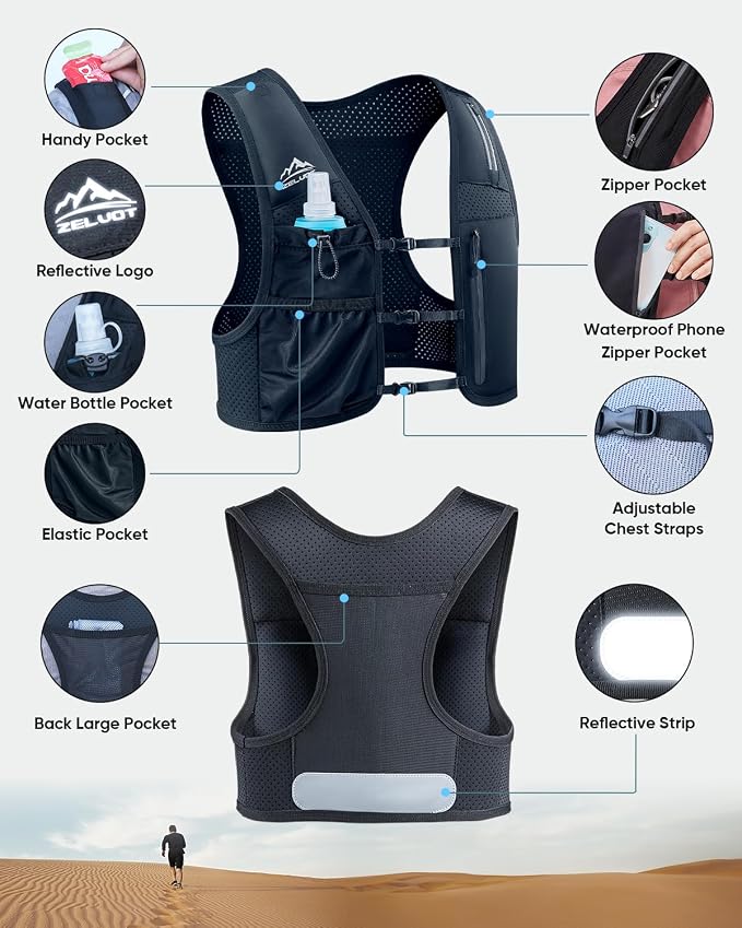 Zelvot Running Vest for Women Men, Adjustable Running Phone Holder Vest, USA Original Patent, Running Hydration Vest with 500ml Soft Flask, Reflective Running Backpack for Hiking Cycling