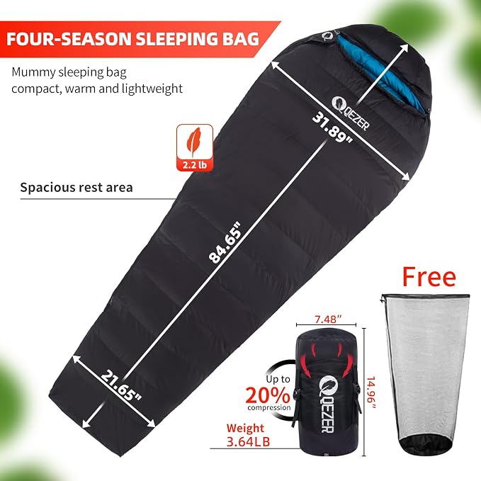 Down Sleeping Bag for Adults, 0°F 10°F 15°F 20°F 600 Fill Power Mummy Lightweight Compact Cold and Warm Weather Backpacking Sleeping Bag for Camping Hiking Outdoor All Seasons