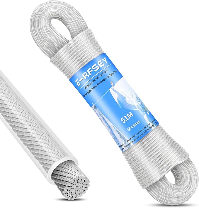 Super Strong 167ft Clothesline - Outdoor Clothesline, Waterproof and Rustproof, Extremely High Load-Bearing Capacity, Suitable for Gardens and Balconies (4mm Diameter)