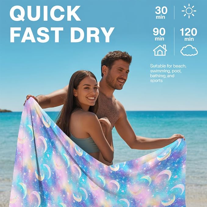 2 Pcs Microfiber Beach Towel Sand Free Quick Dry Oversized Celestial Moon and Stars Whimsical Dreamy Galaxy Pattern Pink Purple Blue Lightweight for Pool Travel 71 x 32 Inches