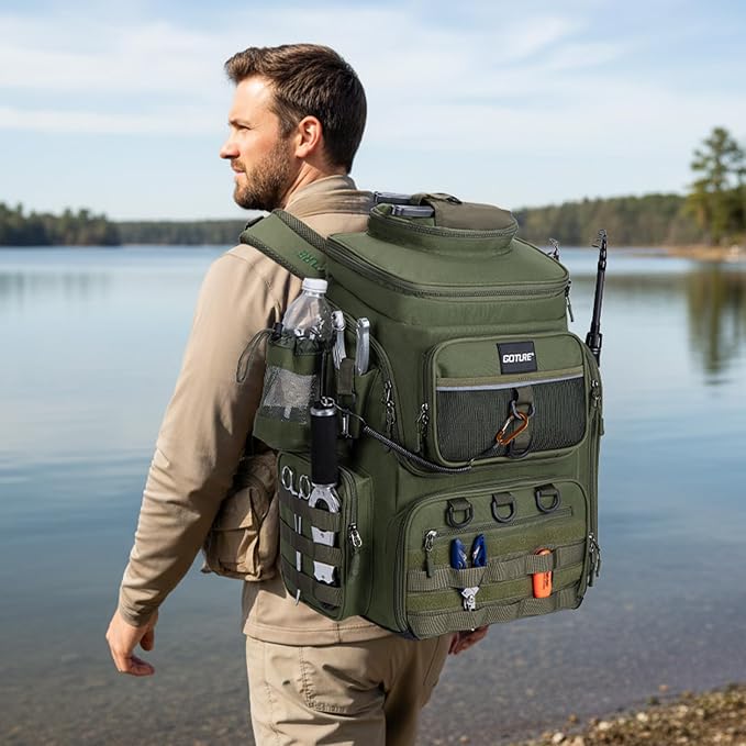 Goture Fishing Backpack, 900D Water-Resistant Tackle Bag with Rod Holders, Insulated Cooler Compartment, 55L Large Capacity Fishing Gear Storage for Saltwater&Freshwater Camping Hiking,Gifts for Men