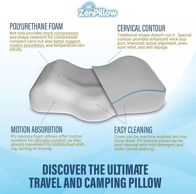 Unique Cervical Travel Pillow, Contour Shaped Memory Foam Neck Pillow - Ergonomic Pillow for Neck and Shoulder Pain - Versatile Camping Pillow