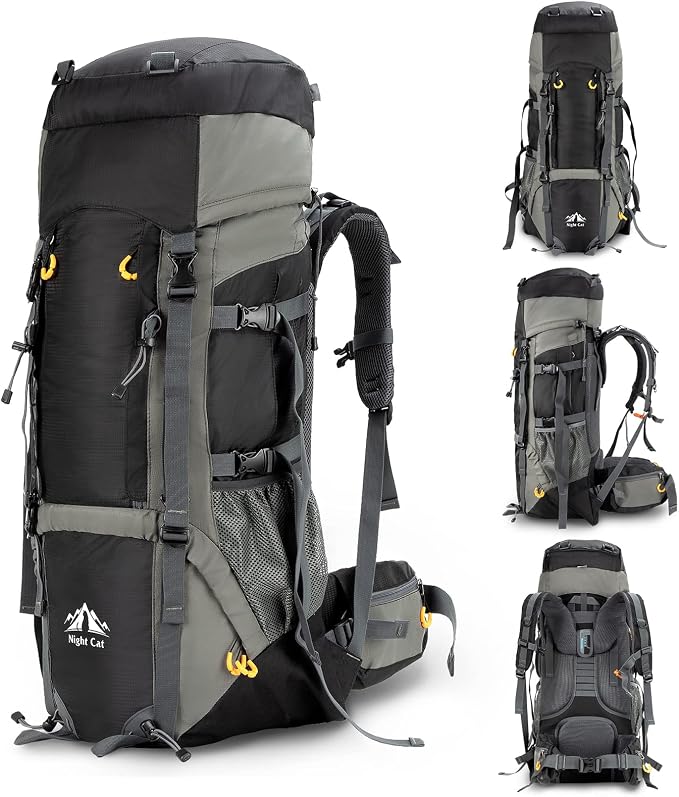 Night Cat Camping Backpacks 90L with Internal Frame Hiking Backpack for Men Women Waterproof Lightweight Breathable Outdoor Mountaineering Traveling