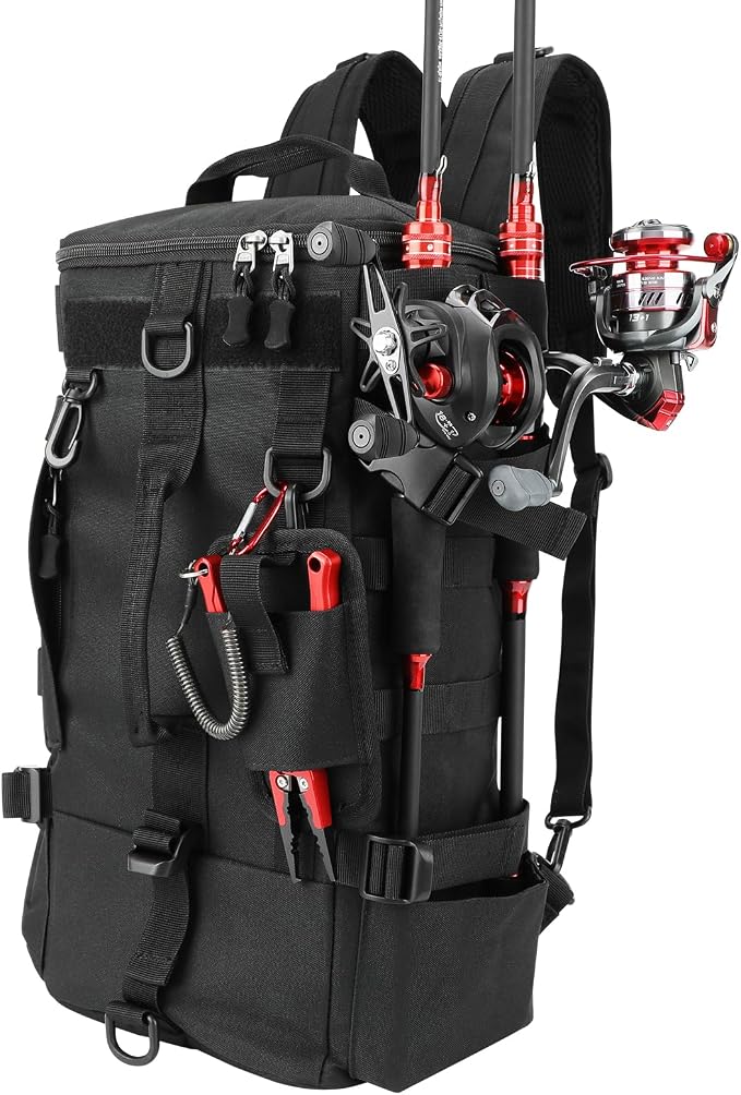 KOMCLUB Black Fishing Sling Tackle Storage Backpack, Large with Rain Cover‌ | Waterproof Outdoor Fishing Bag, Ideal Fishing Gifts for Men, Fits All-Day Fishing Trips