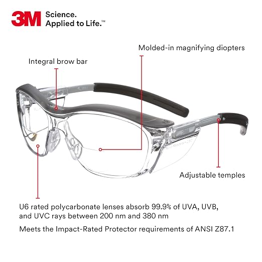 3M Safety Glasses with Readers, Nuvo Protective Eyewear, +2.5, ANSI Z87, Gray Frame, Clear Lens, Soft Nose Bridge, Side Shields