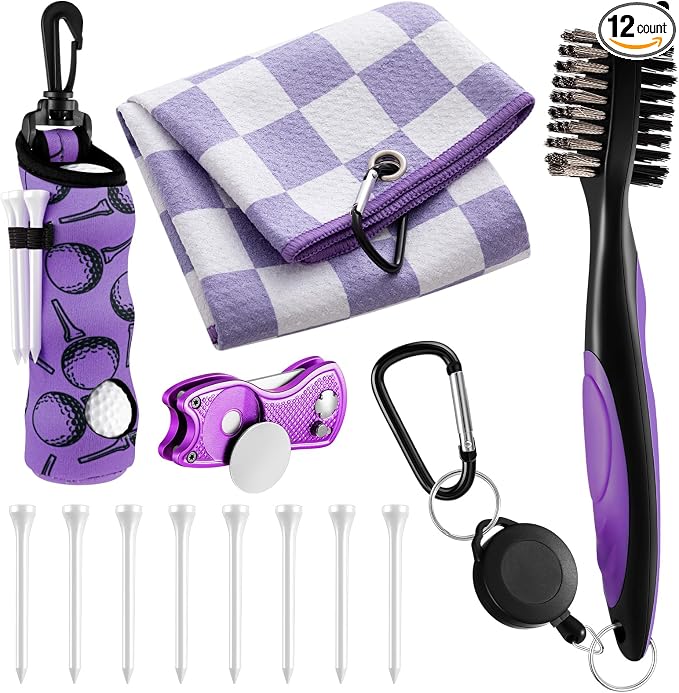 Liliful 12 Pcs Golf Accessories Kit, Include Golf Ball Bag with Hook Towel Tees Magnetic Ball Marker Divot Tool Cleaner Brush for Women Man Gifts
