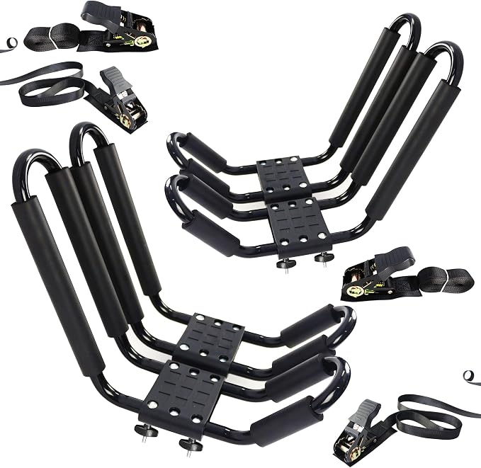 2 Pairs Kayak Rack J-Bar Car Roof Rack for Canoe Carrier SUP Paddle Surfboard Mount on Car SUV and Truck Crossbar, Includes 4 Pcs Roof Rack Tie Down Straps. | For Car SUV and Truck Crossbar, Includes 4 Pcs Heavy Duty Ratchet Tie Down Straps