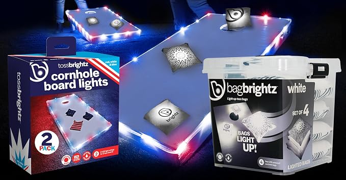 Brightz Cornhole Board Edge Lights with LED Bags - Includes 4-Pack of LED Cornhole Bags + TossBrightz Cornhole Board Edge Lights - The Ultimate Night Time Cornhole Master Set