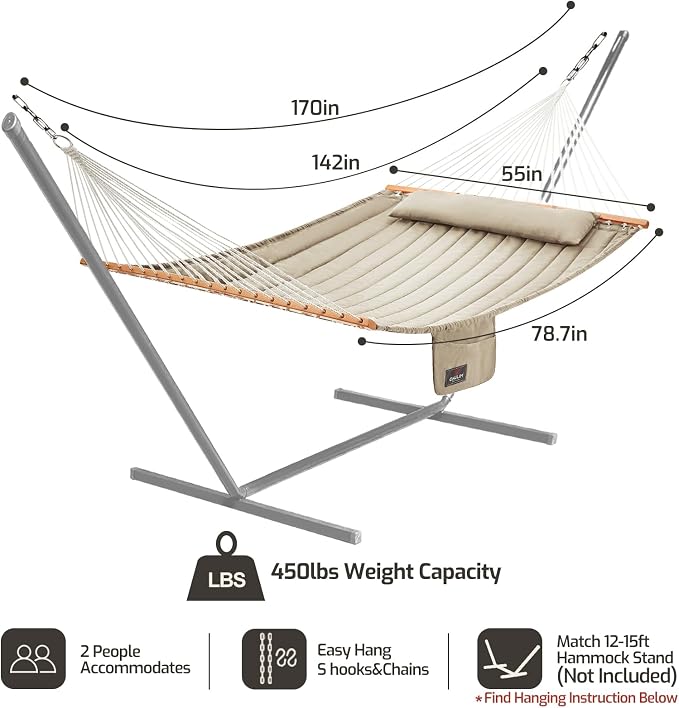 CHULIM Double Quilted Fabric Hammock with Hardwood Spreader Bars and Pillow 450 LBS Capacity 2 Person Large Hammock for Outdoor Patio Backyard Poolside - Tan