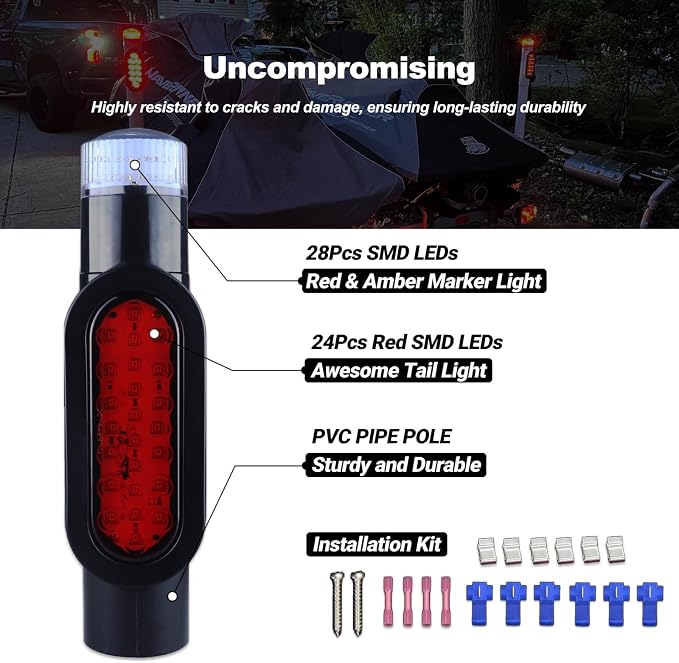 Boat Trailer Guide on Post Pipe Light Set DOT Approved 24LED Waterproof Submersible Turn Signal Running Lights Brake Lights Integrated with Trailer Guide Post Poles Lights Kit 2Pcs Black