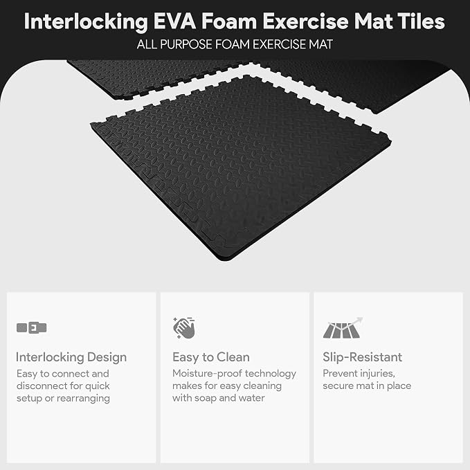 BalanceFrom 24x24 Inch EVA Interlocking Foam Exercise Tile Mat – Non-Slip Puzzle Flooring for Home Gym, Fitness Studio, or Playroom with Multiple Thickness, Coverage Sizes and Color Options