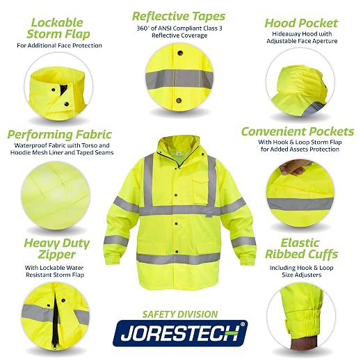 JORESTECH Hi-Visibility Waterproof Rain Jacket with Mesh Lining, ANSI/ISEA 107-2015 Class 3 Type R, Lightweight Wind-Resistant Safety Jacket