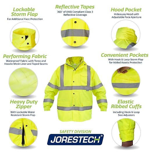 JORESTECH Hi-Visibility Waterproof Rain Jacket with Mesh Lining, ANSI/ISEA 107-2015 Class 3 Type R, Lightweight Wind-Resistant Safety Jacket
