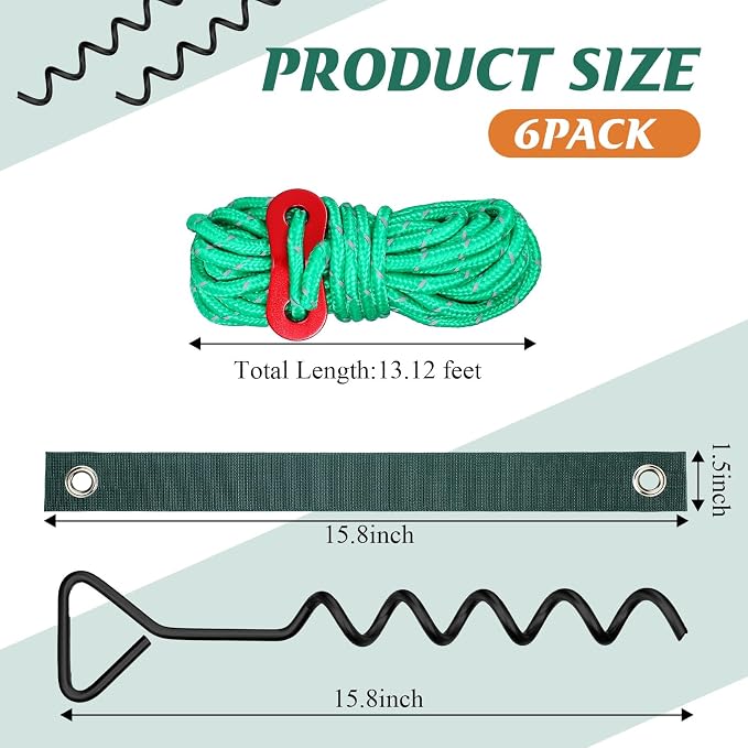 Sintuff 6 Set Tree Stakes and Supports Kit for Anti Hurricane Leaning Trees Straightening Heavy Duty 15. 75" Spiral Tree Stake with 13. 12 ft Ropes and 15. 75'' Support Straps (Green)