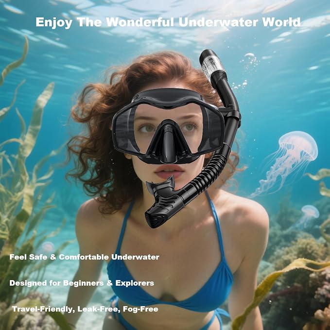 Snorkeling Gear for Adults,Mask Fins Snorkel Set,Panoramic View Diving Mask Anti-Fog,Dry Snorkel,Adjustable Swim Flippers and Travel Bag,Adults Snorkel Gear for Swimming Snorkeling Diving