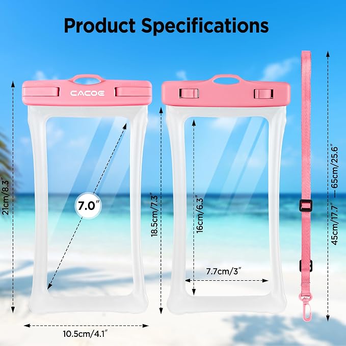 CACOE [Floatable] Floating Universal Waterproof Phone Case 2 Pcs-Up to 7.0",Waterproof Phone Pouch with Adjustable Neck Lanyard,IPX8 Cellphone Dry Bags for Beach Pool Swimming（Blue+Pink）