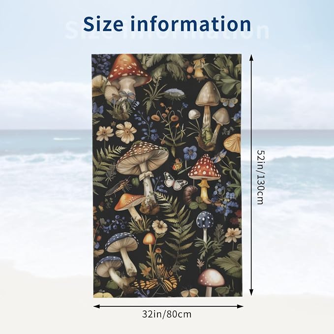 Mushroom Beach Towel, 32x52in Microfiber Quick Dry Enchanted Forest Wildflower Fern Butterfly Bath Towels, Soft Lightweight Oversized Sand Free, for Travel Pool Swimming Gym Decor, Gifts
