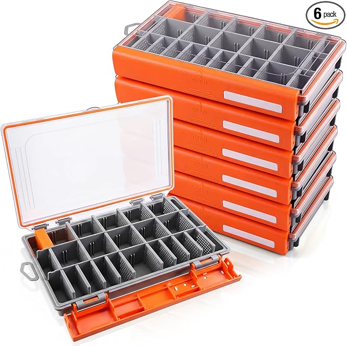 Junkin 6 Pack 3600 Fishing Tackle Boxes Waterproof, High-vis Orange Lure Organizer Trays with Removable Dividers, Airtight Bait Storage Case for Bass Fishing Backpacks & Kayak Gear Accessories