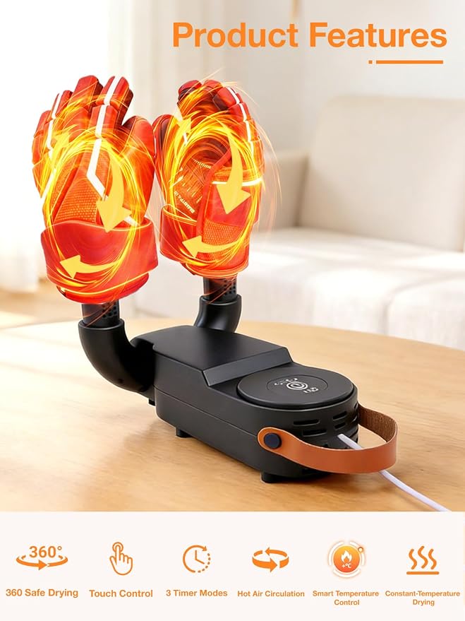 Hockey Glove Dryer, 48°C/118°F Constant Temp Warm Air with Dual Airflow, 0–120 Min Timer Auto Shutoff, Foldable Portable Heat Blower to Dry Hockey Gloves Fast & Help Reduce Odor