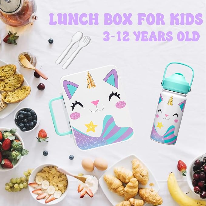Unicorn Lunch Box for Girls Bento Box for Kids with Ice Pack,Stainless Steel Water Bottle Set Utensils Set Food Container for School Girls Kids Back to School Supplies