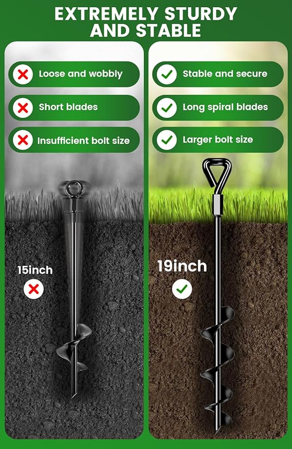 19-Inch Ground Anchors Heavy Duty, Trampoline Stakes Anchors Screw-in for High Wind, Earth Anchor with Strong Straps for Swing Sets, Trampolines, Mobile Home, Sheds, Carports(8x19in)