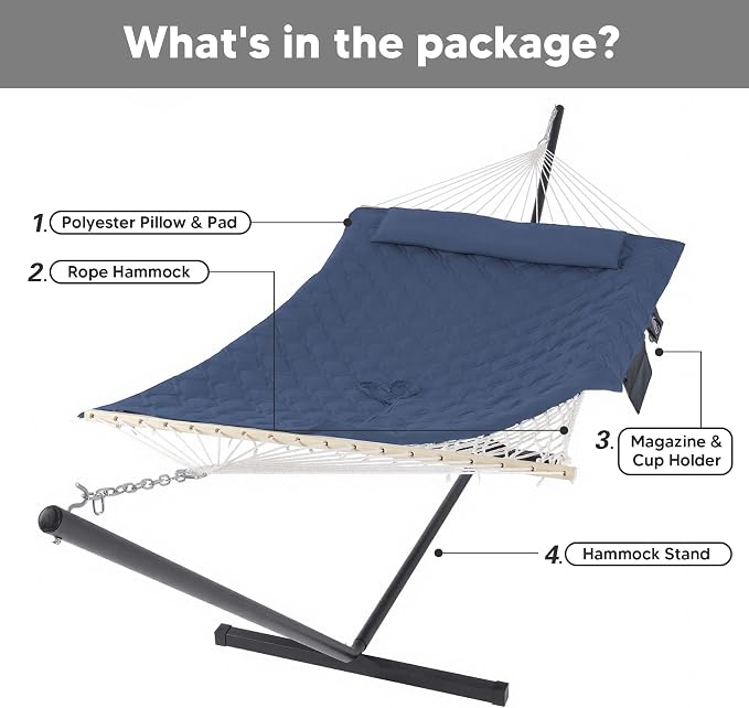 SUNCREAT Two Person Hammock with Stand, Carrying Bag, Heavy Duty Backyard Hammock and Stand, Navy Drops