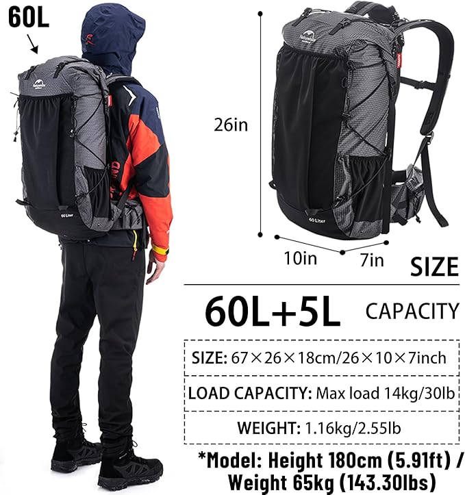 Naturehike Rock-40L/60+5L Internal Frame Hiking Backpack for Adults, Camping Travel Backpacking Waterproof Bag with Rain Cover, Ultralight Outdoor Daypack (60+5L)