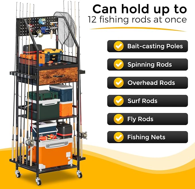 Fishing Rod Holder Organizer with Fabric Drawer & Pegboard, Space-Saving Garage Storage for 12 Rods, Reels, Tackle Boxes, Portable Fishing Gear Cart for Easy Access & Mobility