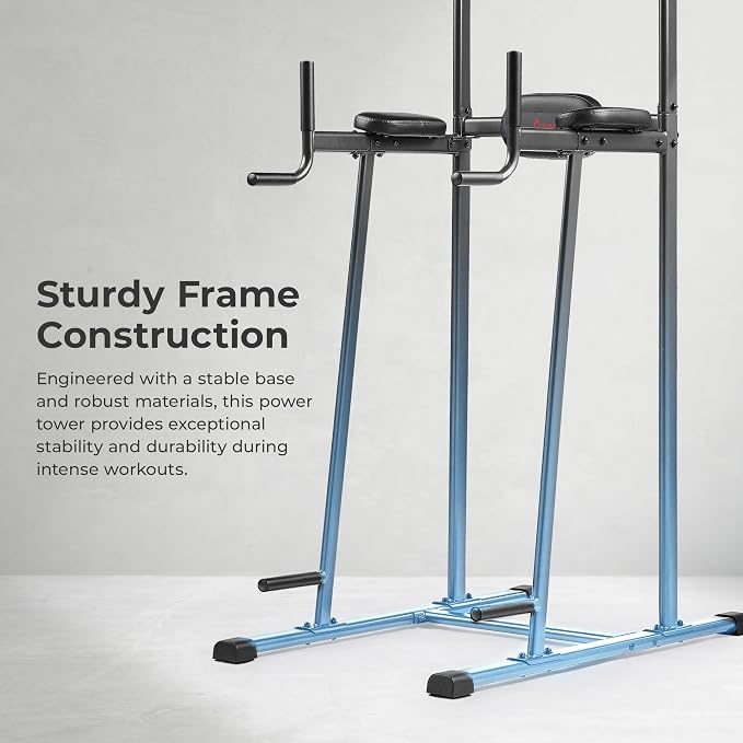 Sunny Health & Fitness Power Tower Dip Station & Pull-Up Bar, Multi-Function Strength Training Equipment with Captain’s Chair, Push-Up Bars & Core Workout for Home Gym