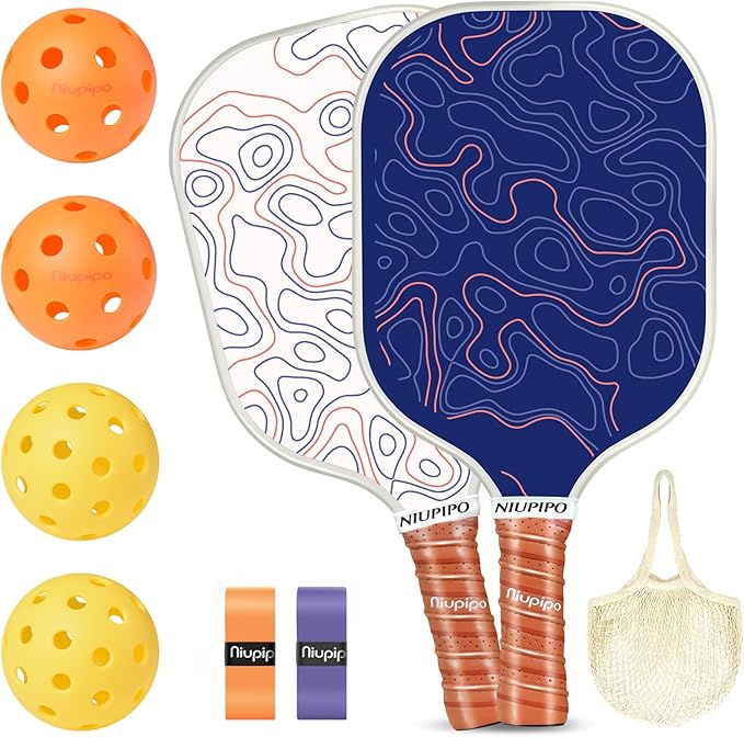 niupipo Pickleball Paddles Set of 2 or 4, USAPA Approved Fiberglass Pickleball Paddle Set with Balls and Bag, Polypropylene Honeycomb Core, Lightweight Pickleball Paddles for Beginners Men Women
