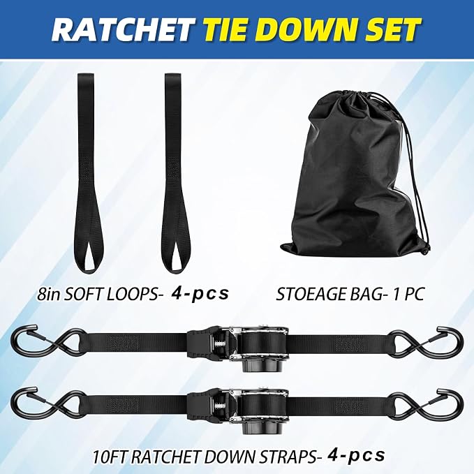 Retractable Ratchet Strap Heavy Duty 4 Pack 10 FT 1800 LB Break Strength Ratchet Tie Down with Safety Lock S Hooks and Soft Loop Tie Down.