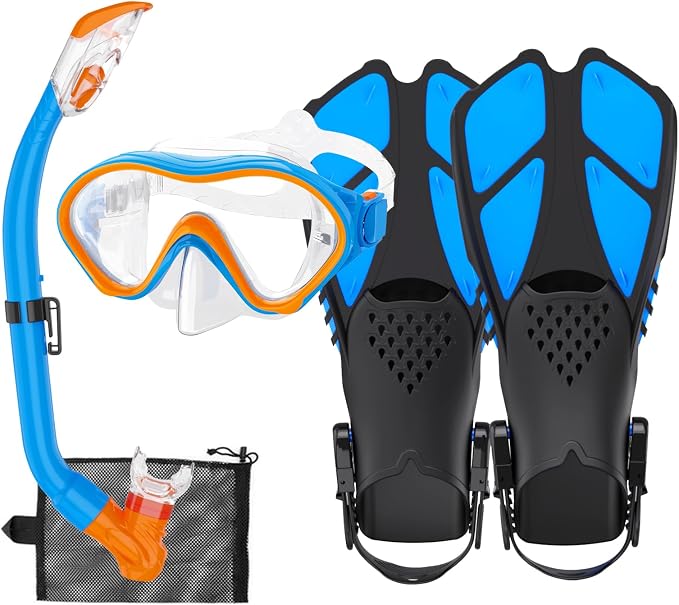 Snorkeling Gear for Kids with Foldable Silicone Full Dry Snorkel, Kids Snorkel Set Anti Leak Youth Junior Snorkeling Package Diving Mask Soft Tube with Mesh Bag Scuba Swimming Goggles