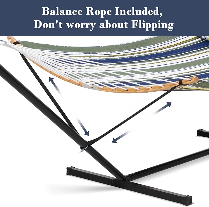 SUNCREAT Hammocks for Outside with Stand Included, Double Hammock with Curved Spreader Bar, Carrying Bag, Dark Green Stripes