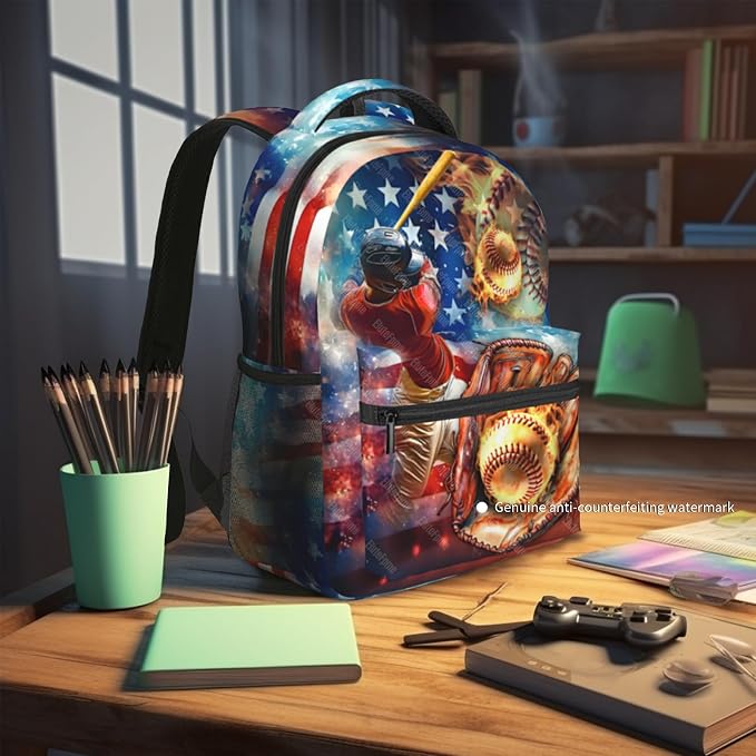 Baseball School Backpack for Boys Sports American Flag Baseball Boys Backpack for Kids Children Teens Ages 6-18 Elementary Middle School Students Bookbag Travel Back Pack