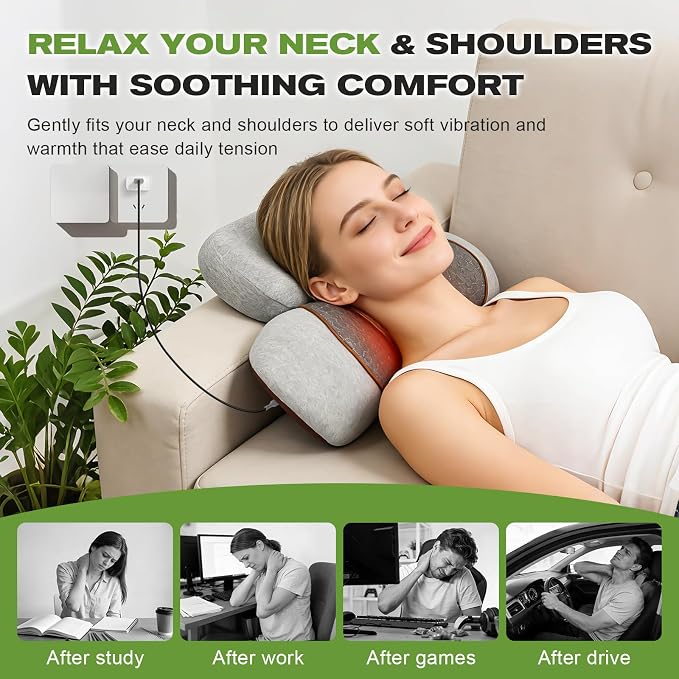 3-in-1 Neck Massager Pillow with Heat & Gentle Traction, Ergonomic Massage Support for Neck Hump Comfort, Daily Relaxation Design for Women and Men, Plug-in Use