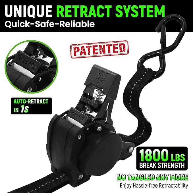 Retractable Ratchet Straps (Patented-4pack) - 1 inch x 10Feet (1,800lb Break Strength) Auto Self Retracting Tie Down Straps - Self Retractable Straps with Refletcive for Motorcyle, Truck or Cargo